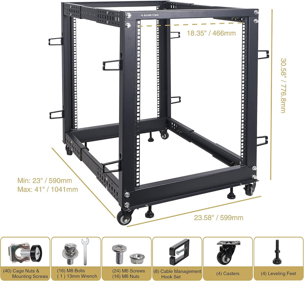 Sound Town 4-Post 15U Open Frame Sever and Network Equipment Rack with Adjustable Depth 22'-40', Casters, Levelers, Cable Management (ST4POF-A15U)