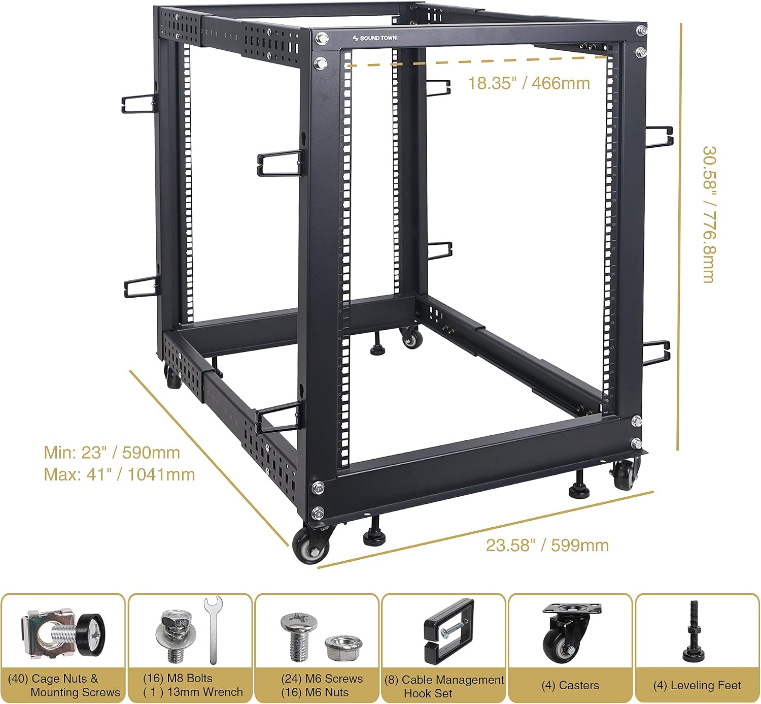 Sound Town 4-Post 15U Open Frame Sever and Network Equipment Rack with Adjustable Depth 22'-40', Casters, Levelers, Cable Management (ST4POF-A15U)