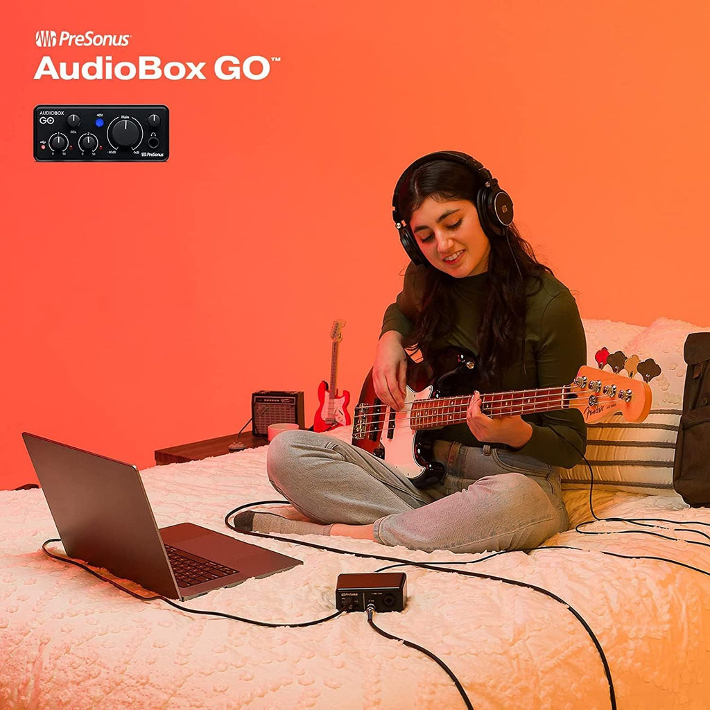 PreSonus AudioBox GO USB-C Recording Bundle with Condenser Microphone Studio Headphones Boom Stand Pop Filter XLR Cable and Studio One Music Production Software