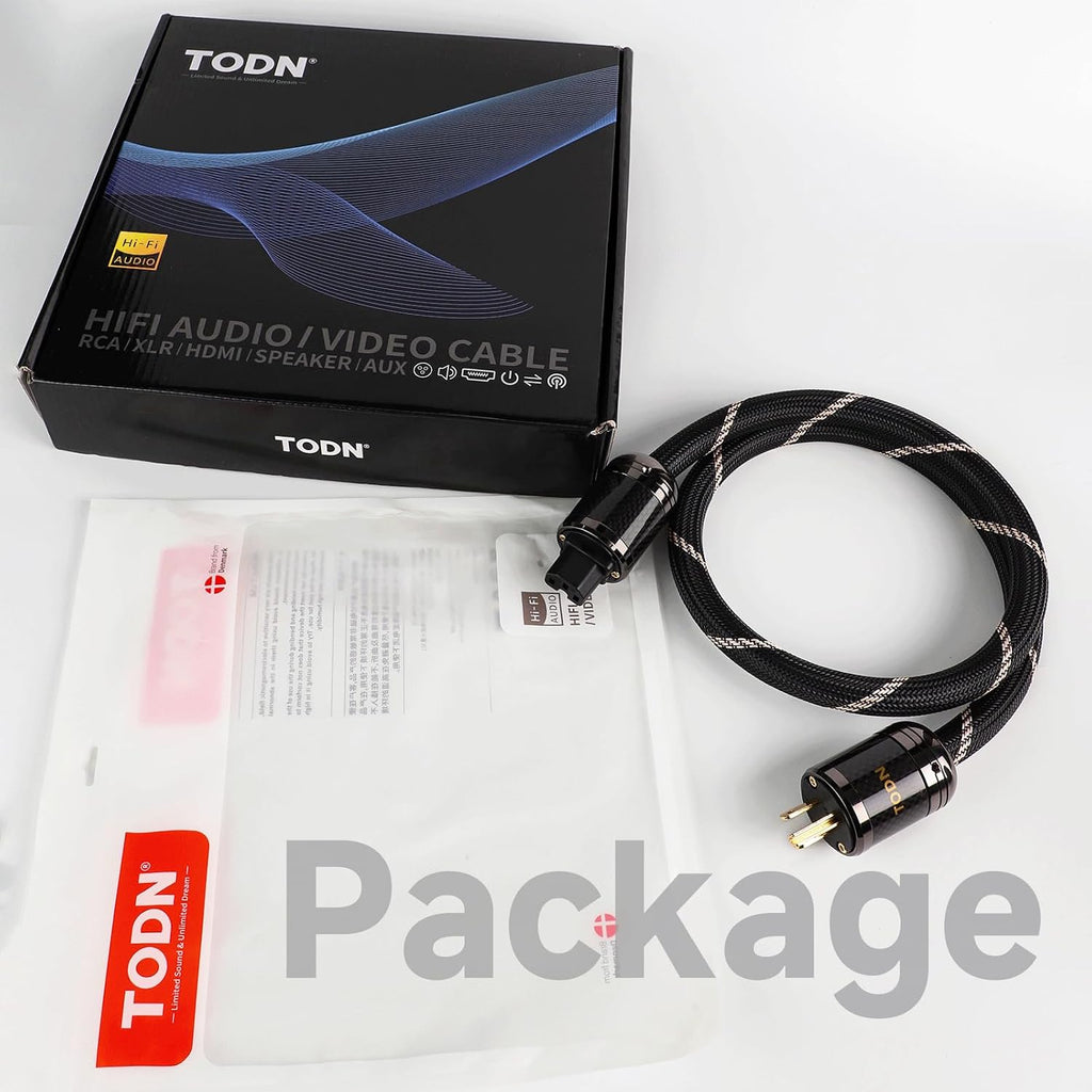 TODN Audiophile Audio Power Cable OFC+OCC Cores HiFi Power Cord with Carbon Fiber Shell, 24K Gold Plated US Plug, Φ17.5mm, 3ft/1m