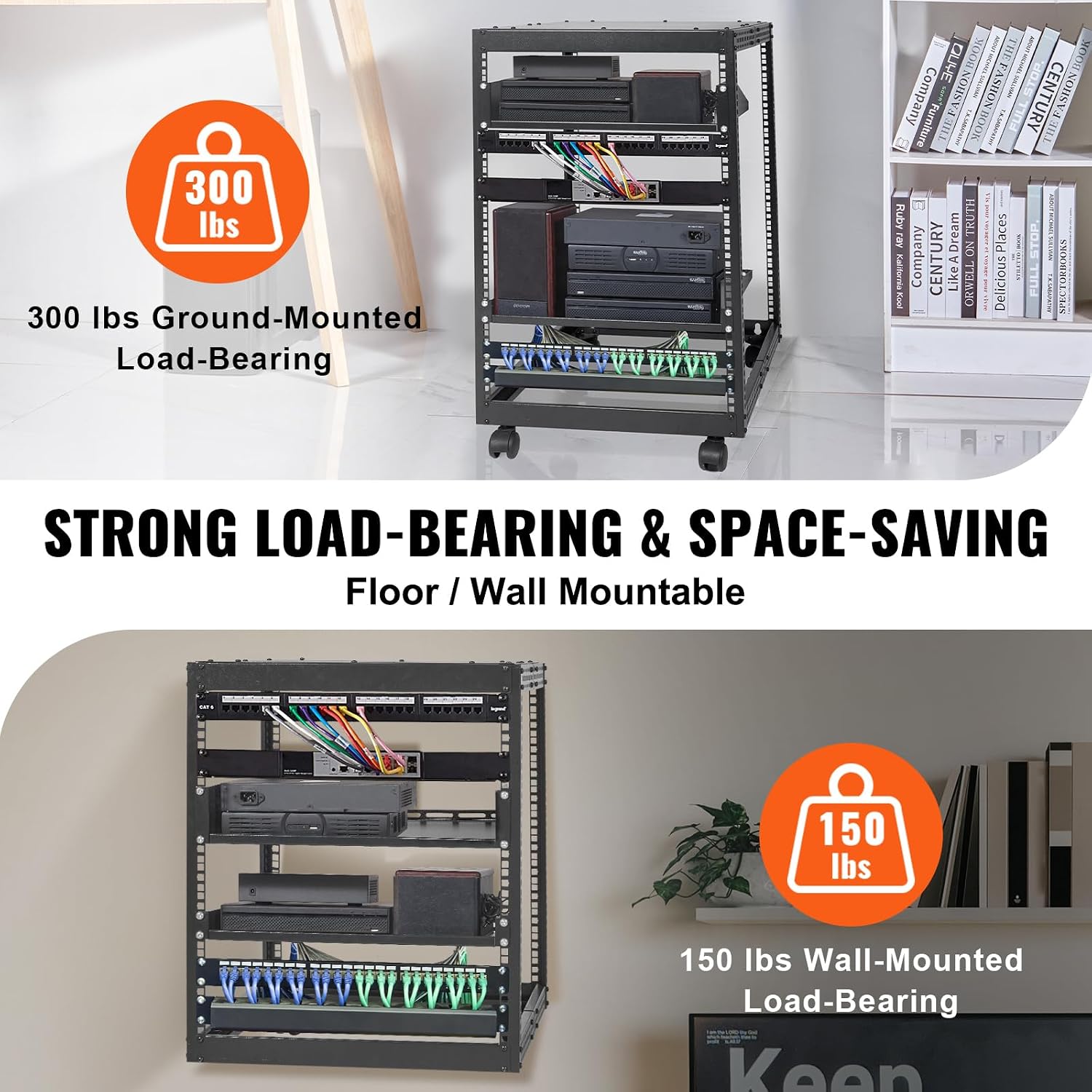 VEVOR 15U Open Frame Server Rack, 23''-40'' Adjustable Depth, Free Standing or Wall Mount Network Server Rack, 4 Post AV Rack with Casters, Holds All Your Networking IT Equipment AV Gear Router Modem
