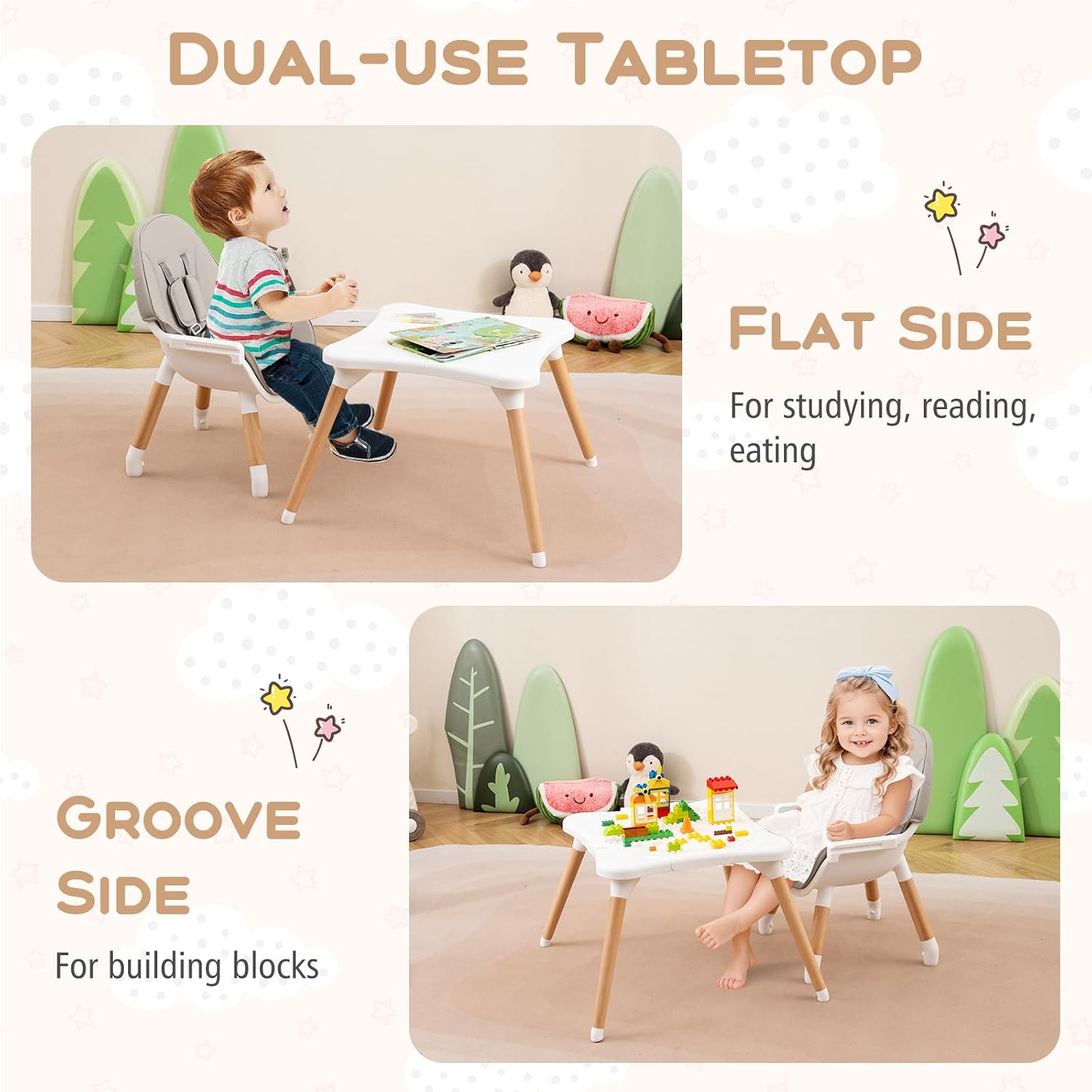 HONEY JOY Baby High Chair, 6-in-1 Convertible Wooden Highchair for Babies and Toddlers/Table Set/Toddler Chair with Safety Harness, 4-Position Removable Feeding Tray (Gray)