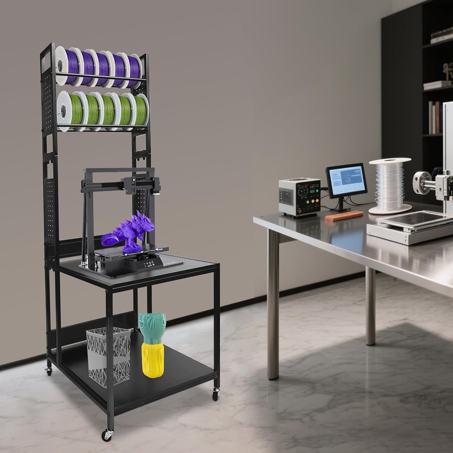 3D Printer Stand and Filament Storage, Heavy Duty 3D Printer Table on Wheels, Sturdy 3D Printer Filament Storage Rack, Large Shelf 3D Printer Stand Cart Desk for Workshop Studio Office(Black)