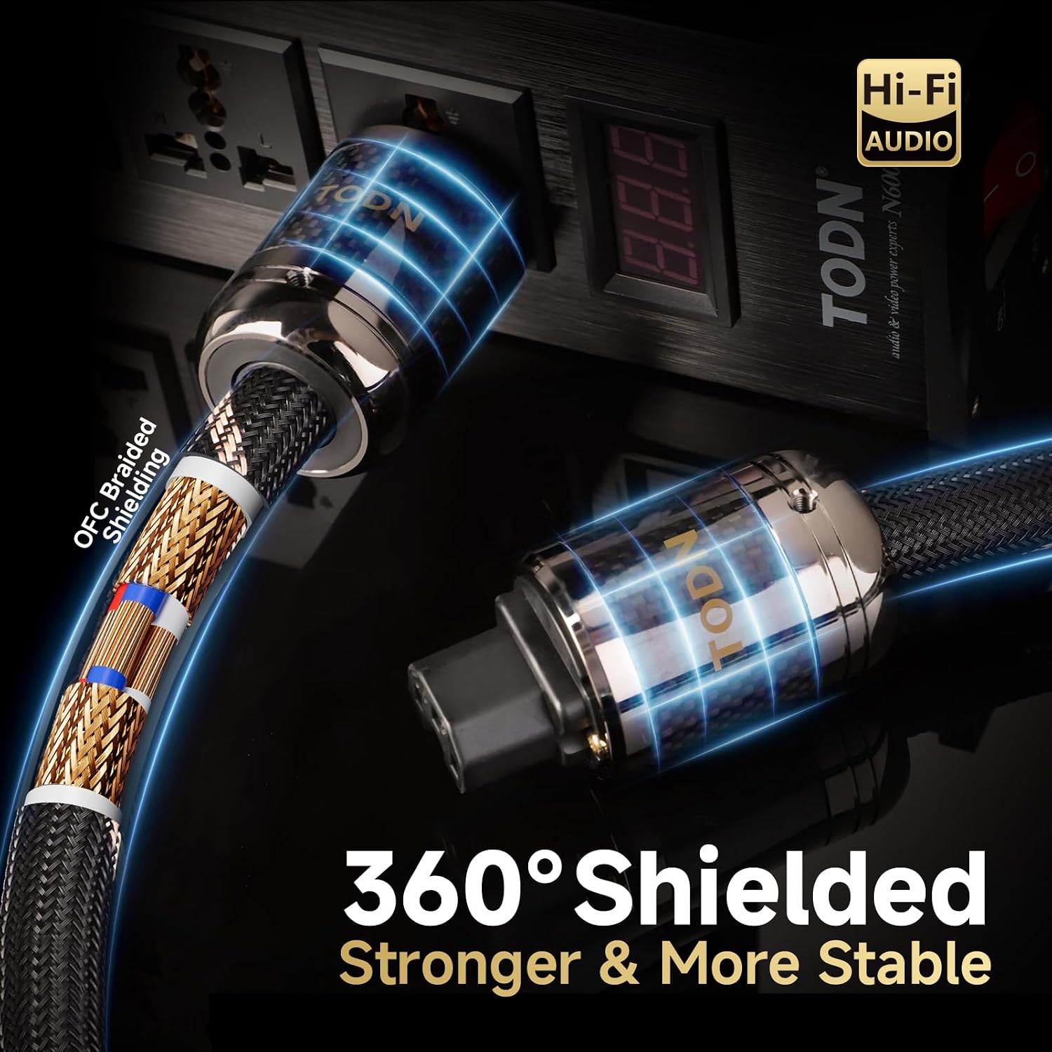 TODN Audiophile Audio Power Cable OFC+OCC Cores HiFi Power Cord with Carbon Fiber Shell, 24K Gold Plated US Plug, Φ17.5mm, 3ft/1m