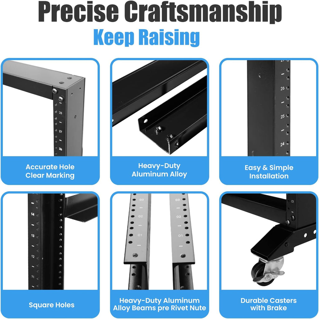 Rising Electronics Open Rack 15U 20U 28U 32U 42U 4 Post Open Frame 19-Inch Data Network Desktop Server/Audio Rack（15U, 31' Depth）