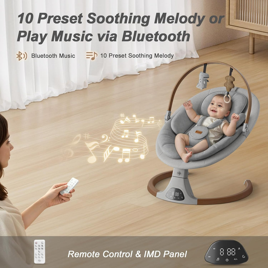 Baby Swings for Infants, Monamii Baby Swing, Bluetooth Infant Swing with Music Speaker, 5 Speeds and Remote Control, Indoor & Outdoor Use (Light Grey)