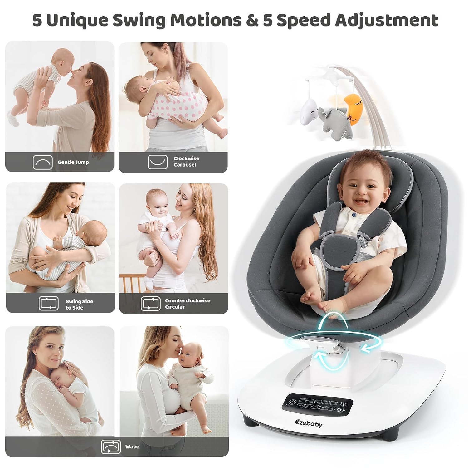 Ezebaby Electric Baby Swing for Infants with 5 Unique Motions, 5 Speeds, Lullabies, Bluetooth Enabled, Smart Baby Swings for Newborn with 5-Point Harness & Remote Control for 0-9 Months, Grey