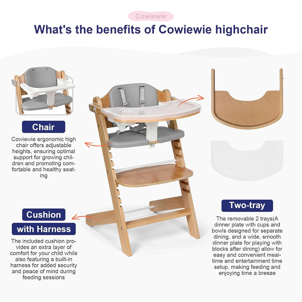 Cowiewie 3-in-1 Convertible Natural Wooden High Chair for Babies & Toddlers 3-Tier Remove & 2 Adjustable Wood Tray & 8 Levels Adjustable, 2 Waterproof Cozy Cushions Grey