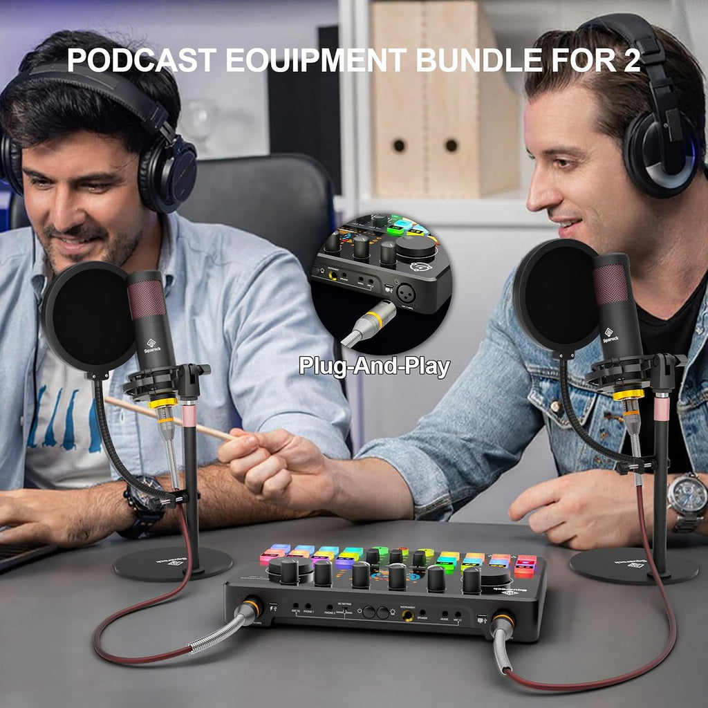Podcast Equipment Bundle for 2 with Dual 48V XLR Condenser Micophones with Mic Pop Filters Audio Equipment for Live Streaming/Recording, Online Gaming for Phone/Laptop/PC Audio Interface M100