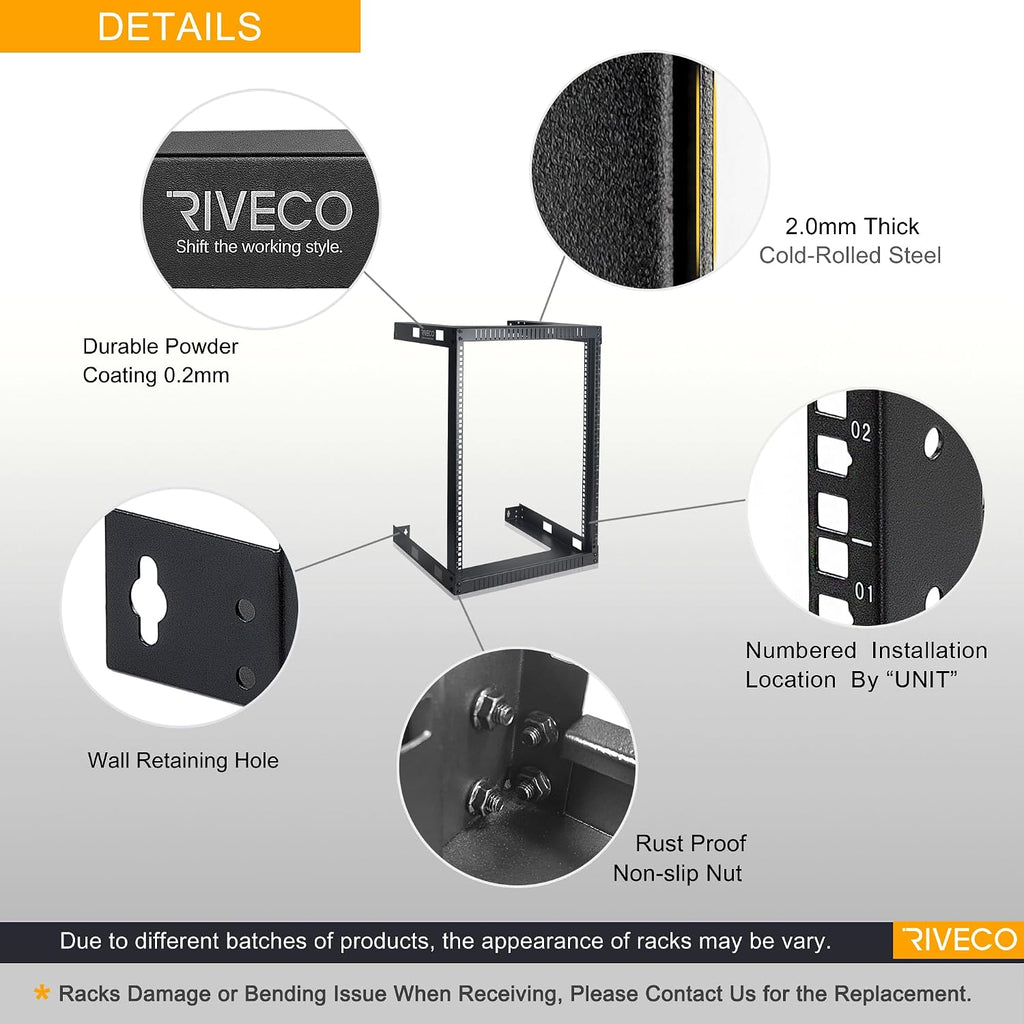 RIVECO 15U Cabinet 19' Wall Mount Shelf Network Rack – 17.7' Deep 2 Post Open Frame Easy Assembly Firm Constructed for Internet/Server/AV/Home Equipment/Patch Panel Heavy Duty Light Weight, Black