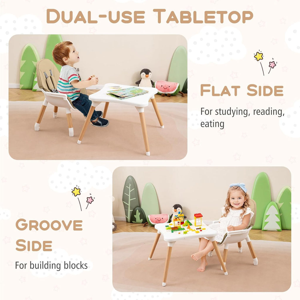HONEY JOY Baby High Chair, 6-in-1 Convertible Wooden Highchair for Babies and Toddlers/Table Set/Toddler Chair with Safety Harness, 4-Position Removable Feeding Tray (Khaki)