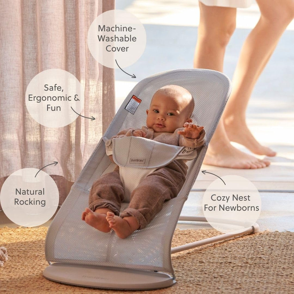 BabyBjörn Bouncer Balance Soft, Mesh, Silver/White 2-in-1 Adjustable Baby Bouncer Seat and Toddler Chair, Newborn to Toddler (8-29 lbs), 4 Positions, Lightweight & Portable