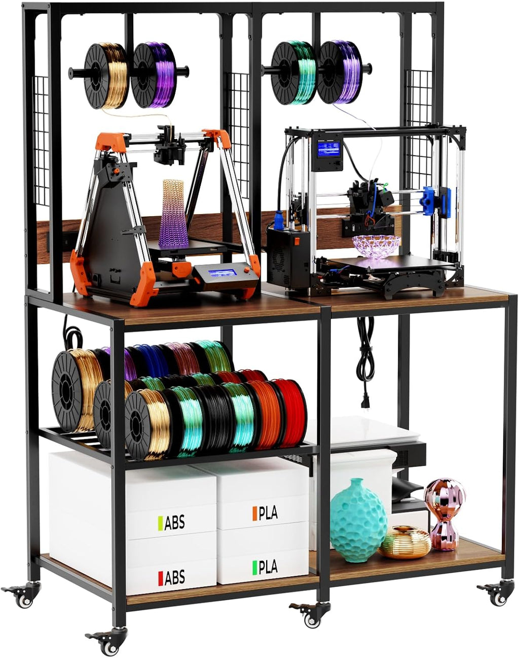 Double 3D Printer Stand with Filaments Storage, 3D Printer Table Filament Storage Rack with Power Outlets Heavy Duty Printer Cart Desk for Workshop Studio Office (Double)