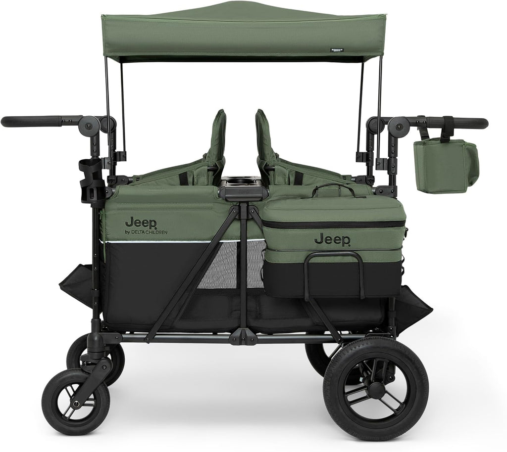 Delta Children - Jeep Wrangler Deluxe 4 Seater Stroller Wagon - Premium Quad Stroller Wagon for 4 Kids with Convertible Seats, Adjustable Push/Pull Handles, Removable Canopy & Flat Fold, Black/Green