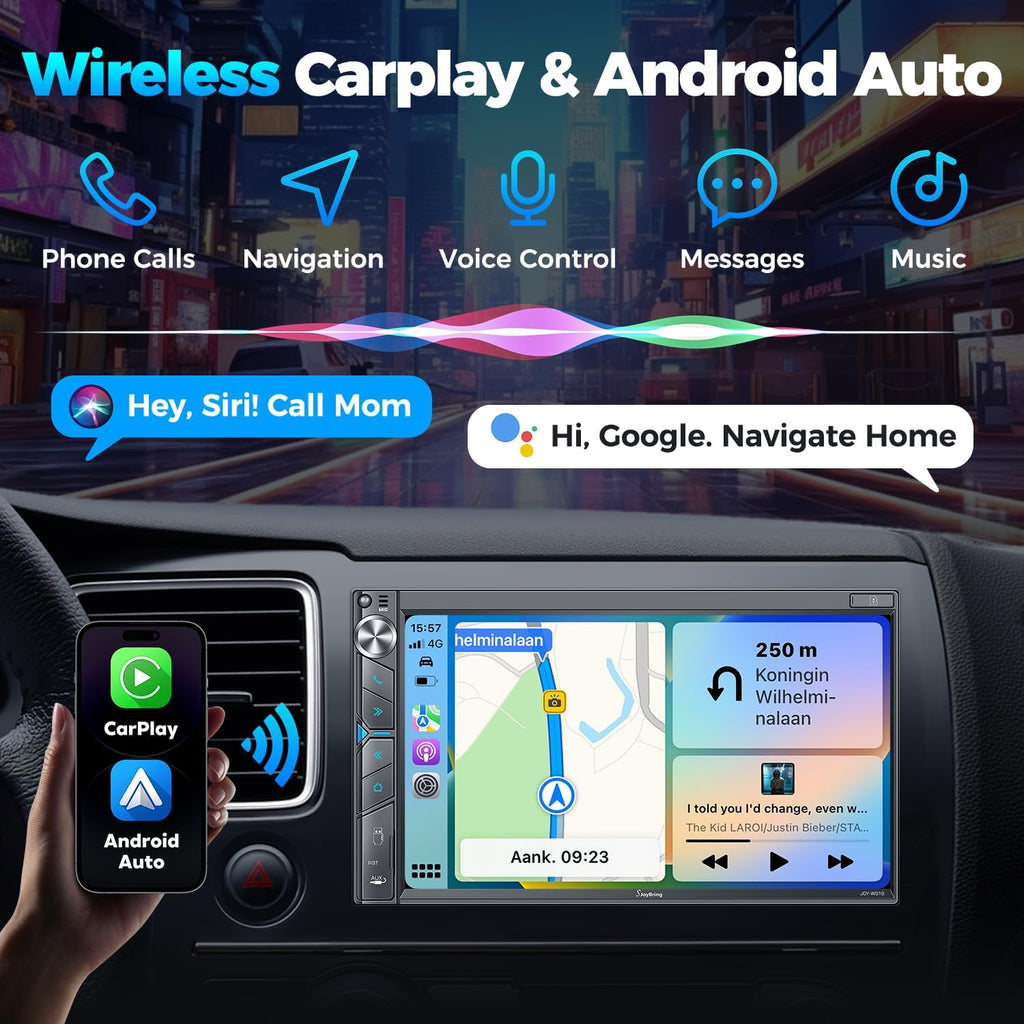 SJoyBring Upgrade Wireless Double Din Car Stereo with Apple Carplay, Android Auto, Dash Cam, Bluetooth, 4-Channel RCA, 2 Subwoofer Ports, 7' HD Capacitive Touchscreen Car Radio, 60W*4, Backup Camera
