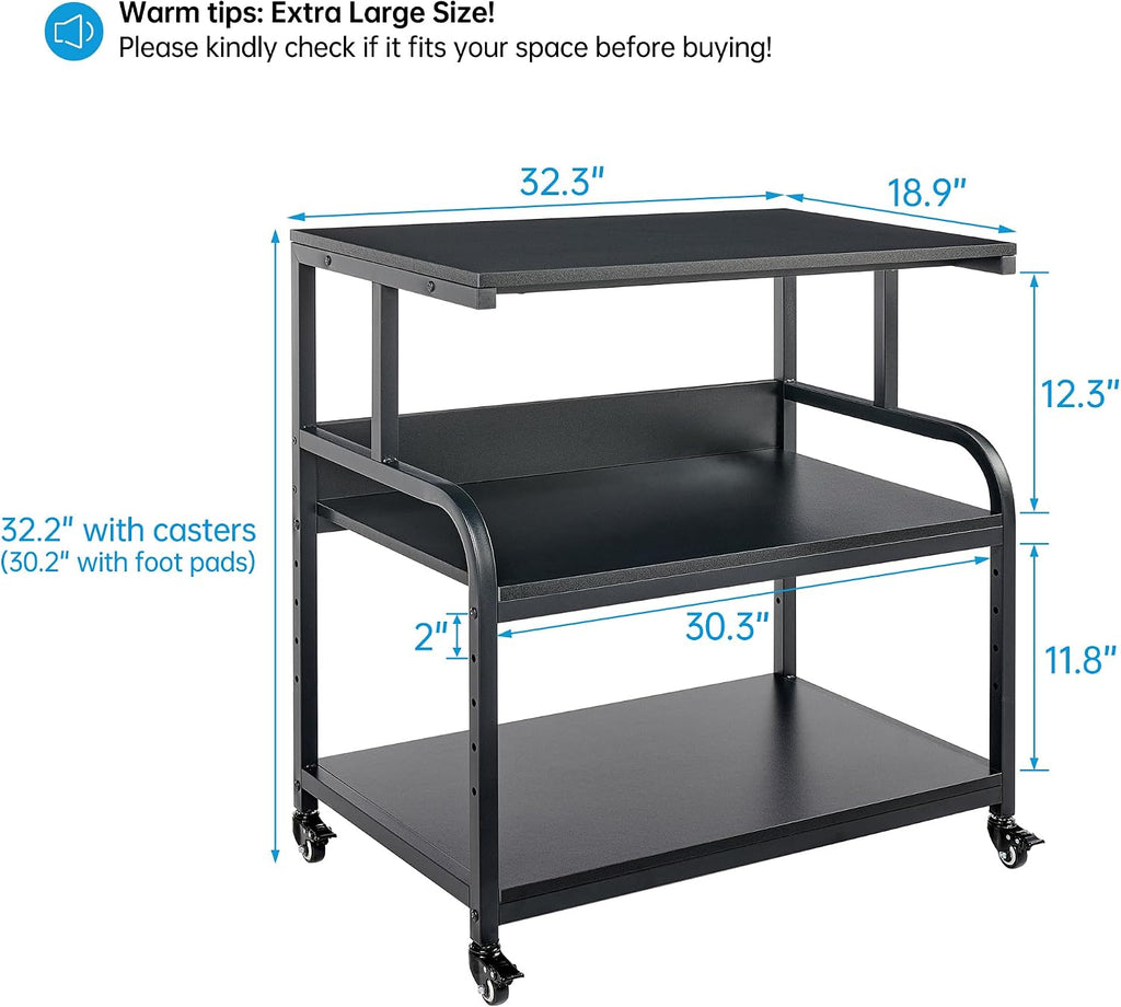 Fannova 32.3' x 18.9' Extra Large Printer Stand Table with Adjustable Storage Shelf, 3 Tier Rolling Printer Cart with Industrial Wheels for Home Office, Black