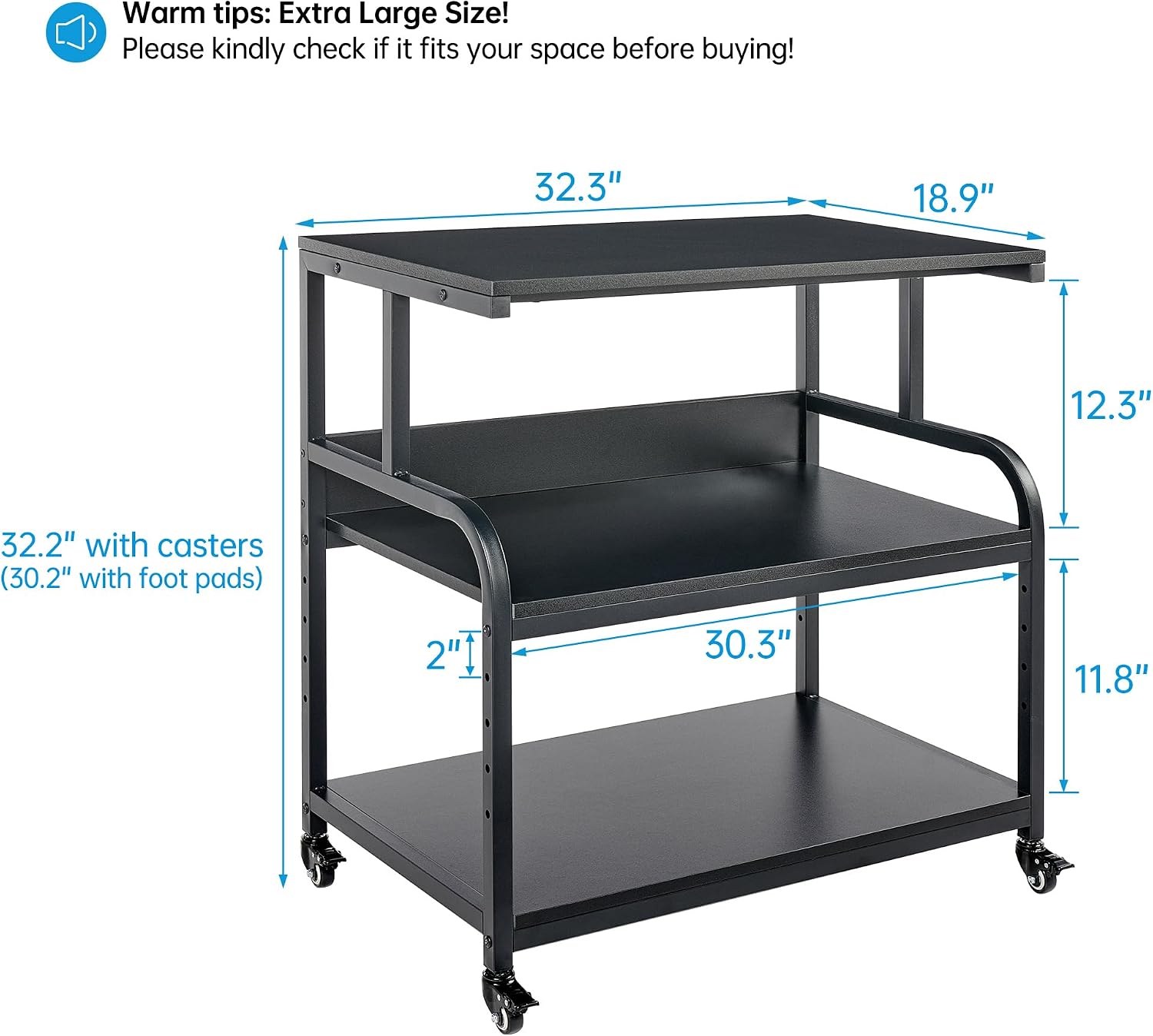 Fannova 32.3' x 18.9' Extra Large Printer Stand Table with Adjustable Storage Shelf, 3 Tier Rolling Printer Cart with Industrial Wheels for Home Office, Black