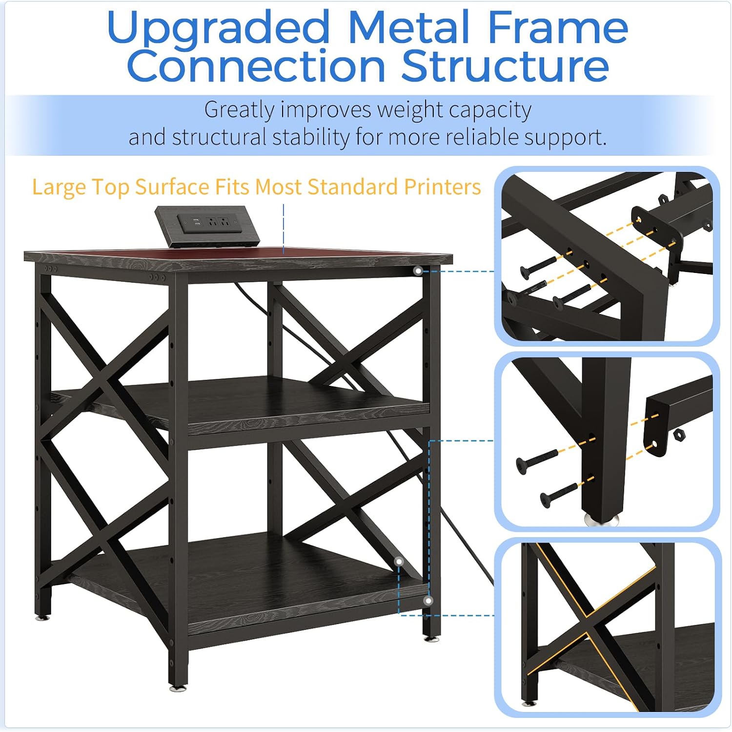 METYERRY Large Printer Stand with Power Outlet, with Height Adjustable Storage Shelf, 3 Tier Rolling Printer Cart with Industrial Wheels, 23.6 x 23.6 Inches Printer Table for Home Office,Black