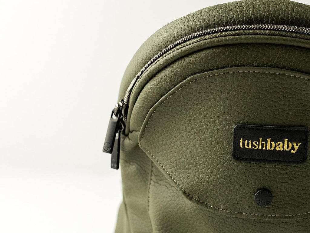 Tushbaby Original Hip Seat Baby Carrier for Babies & Toddlers up to 45 lbs, Safety Certified, Lightweight No-Foam Design with Storage, Olive