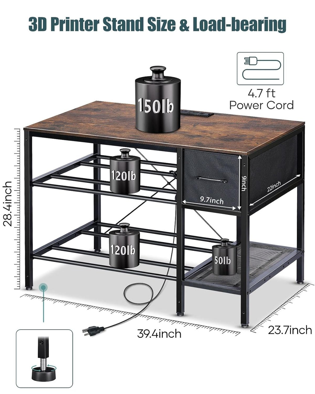 3D Printer Table with Filaments Storage - 3D Printer Stand Filament Storage Rack Heavy Duty 3D Printer Desk with Drawer for Workshop Studio Office (Brown)