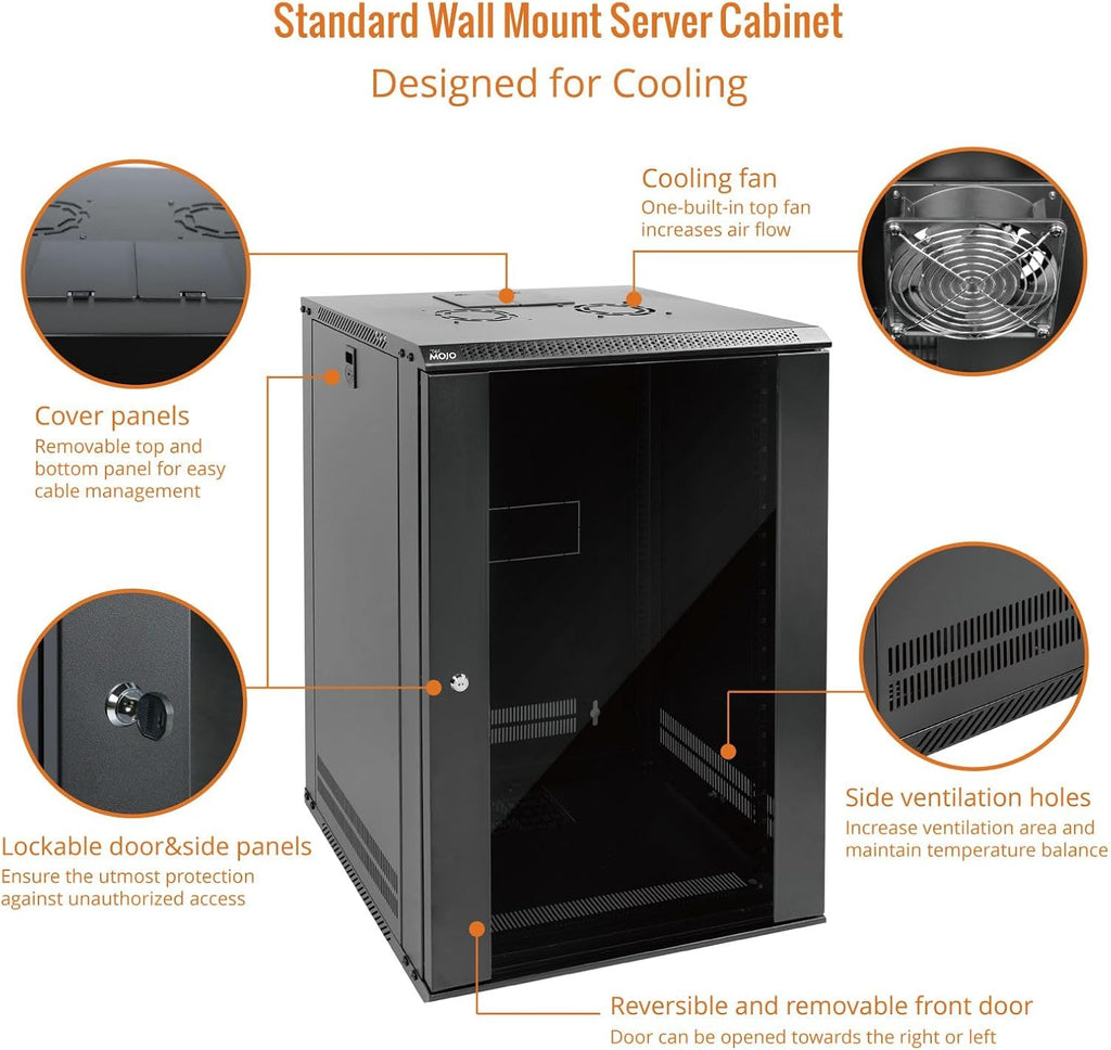 Tecmojo 18U Wall Mount Rack Network Cabinet for 19' IT Equipment,with Lockable Glass Door and Side Panels,Cooling Fan,Black,17.7inch Depth for AV/Computer/Electronics Equipment Data Rack