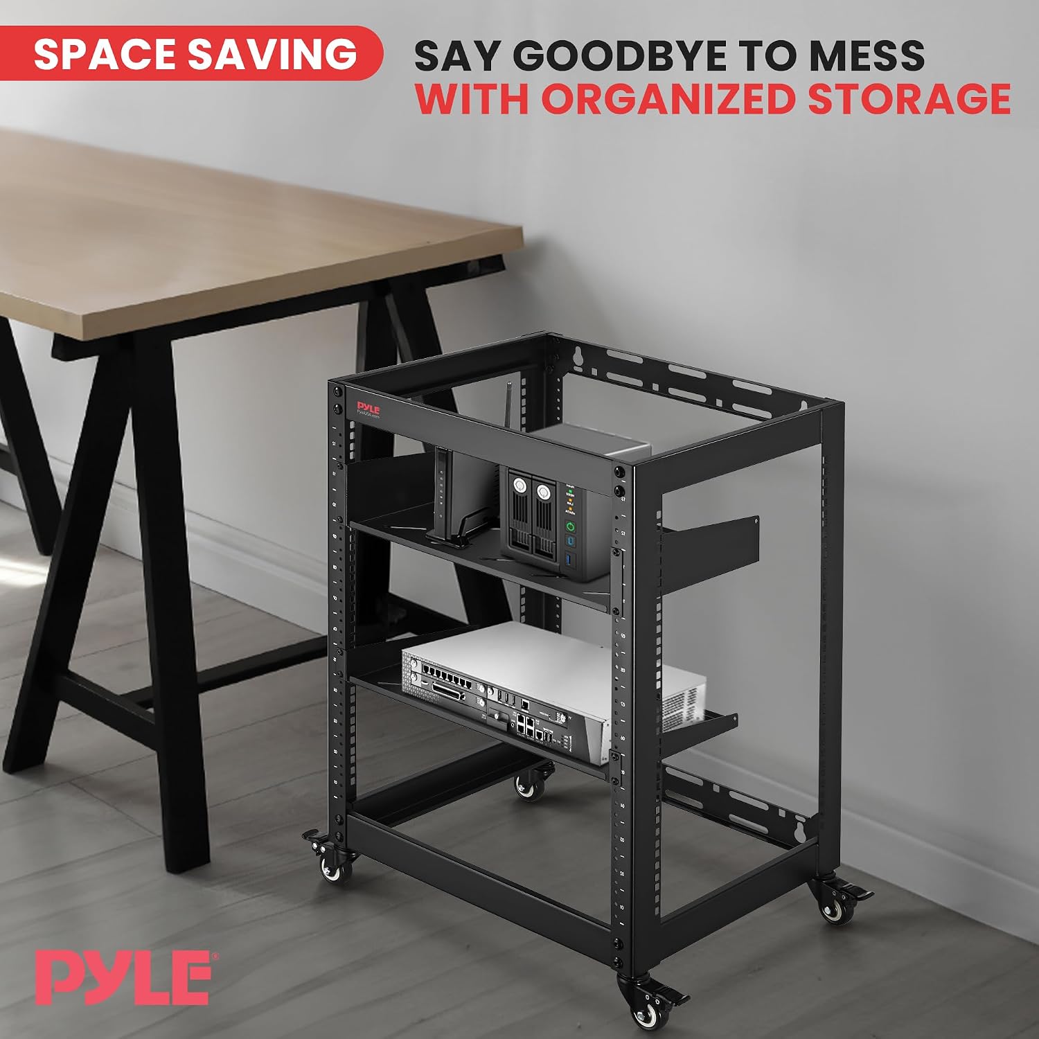 Pyle 15U Server Rack Network Cabinet - Open Frame Rack, Wall Mountable Heavy Duty Designs for Servers & AV Gear | Compatible with 19' Equipment Standard (Black)