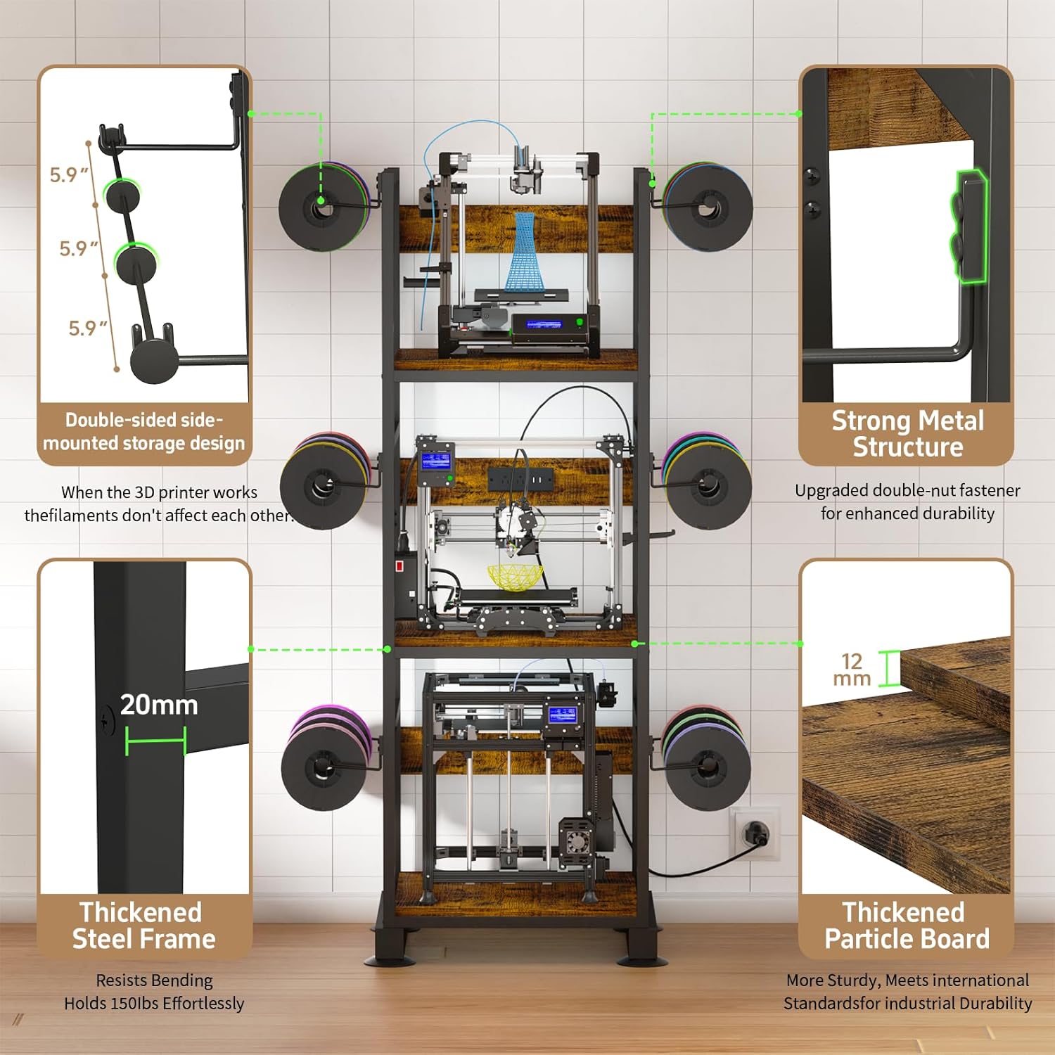3D Printer Stand with Filament Storage,3D Printer Rack with Power Outlet,Heavy-Duty 3D Printer Storage Shelf for ABS/PLA/TPU Filament Spools,Perfect for 3D Printing Workshops, Retro Brown