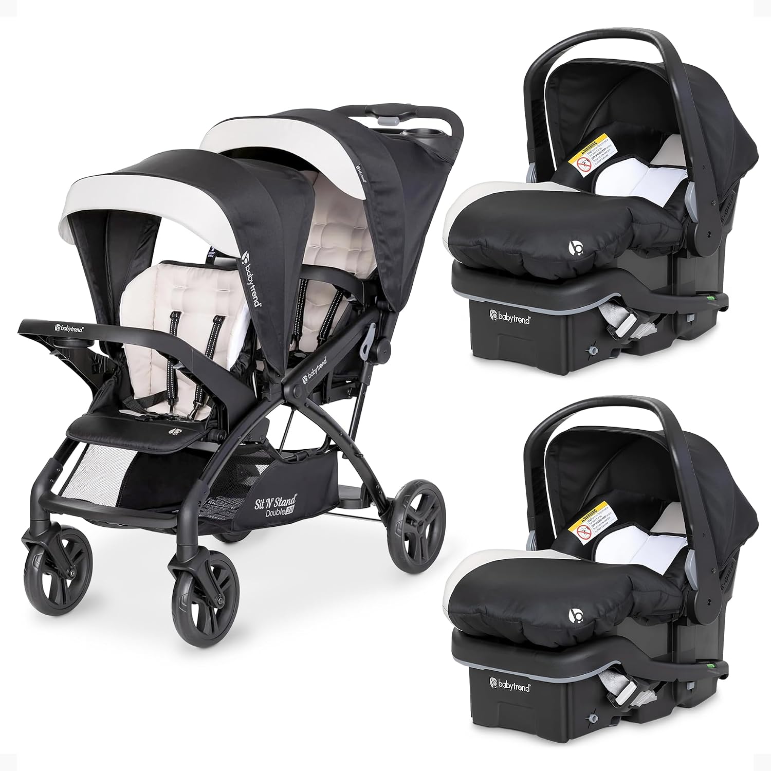 Baby Trend Sit N Stand Double Stroller & 2-Pack EZ Lift Plus Infant Car Seat, Modern Khaki - Convertible Tandem Travel System Combo for Newborn and Toddler, Foldable and Compact Design