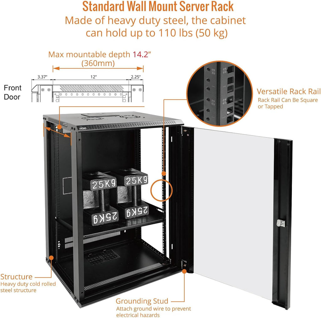 Tecmojo 18U Wall Mount Rack Network Cabinet for 19' IT Equipment,with Lockable Glass Door and Side Panels,Cooling Fan,Black,17.7inch Depth for AV/Computer/Electronics Equipment Data Rack