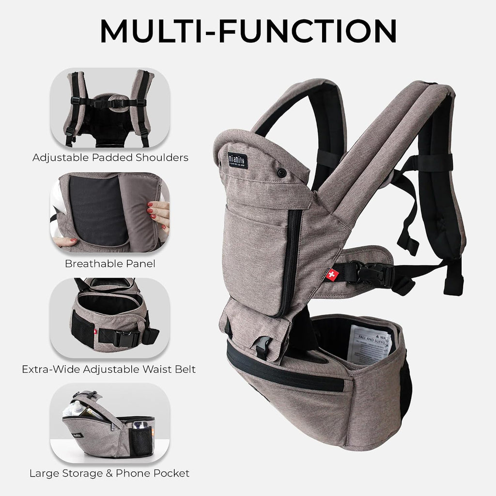 MiaMily Ergonomic Hip Seat Baby Carrier, 6 Carry Positions, Newborn to Toddler, Lumbar Support, Adjustable Waist Belt, Hipster Plus, Stone Grey