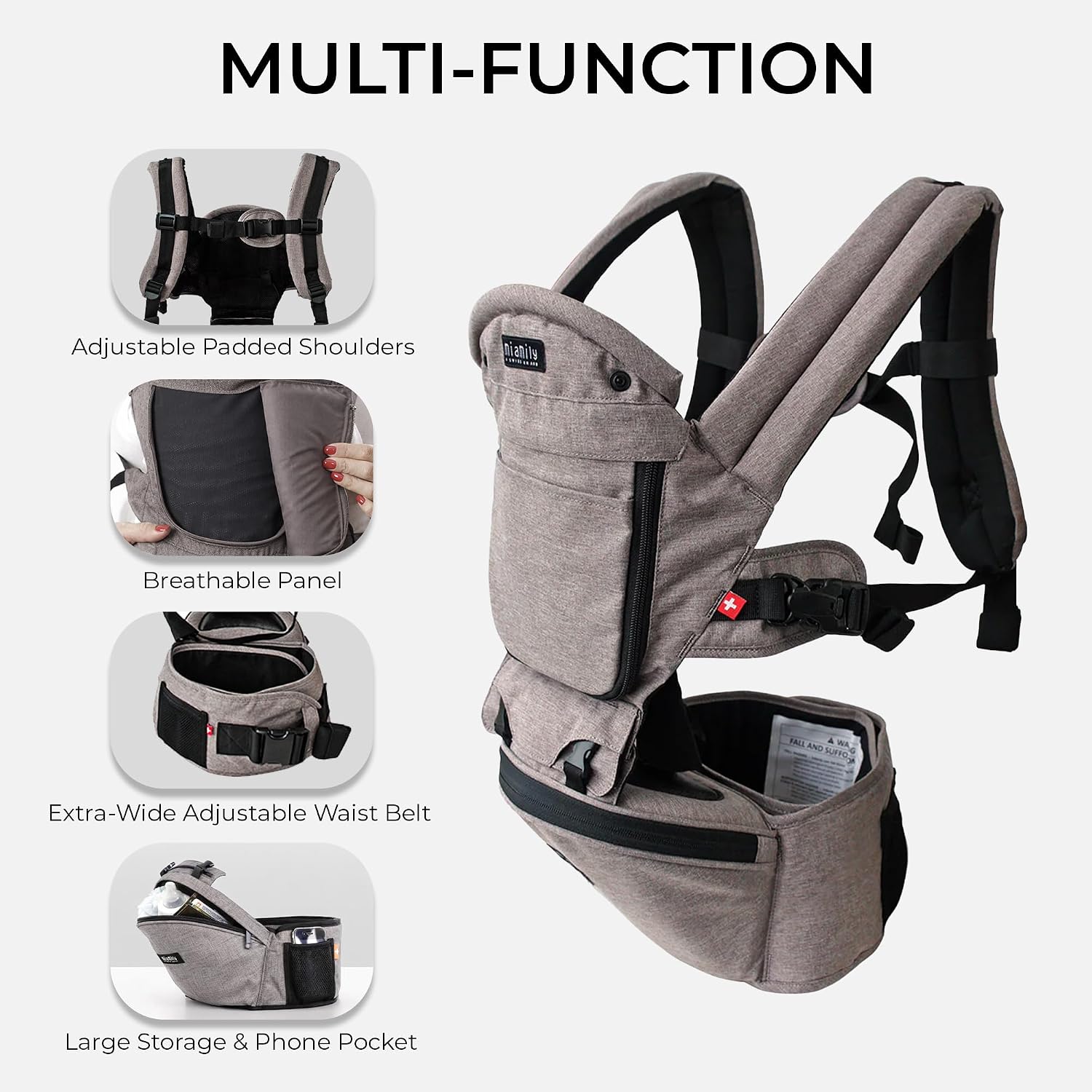 MiaMily Ergonomic Hip Seat Baby Carrier, 6 Carry Positions, Newborn to Toddler, Lumbar Support, Adjustable Waist Belt, Hipster Plus, Stone Grey