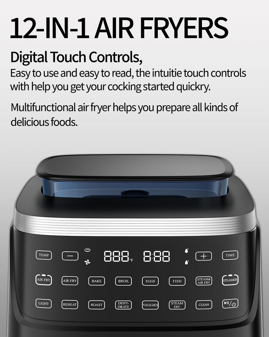 Steam Air Fryer, Self Cleaning Smart Air Fryers, with Visible Window, 1700W High Power Airfryer, 7.5 QT for Family of 4-6, Whisper Quiet Technology, 12-in-1Presets, Dishwasher Safe Non Stick Basket