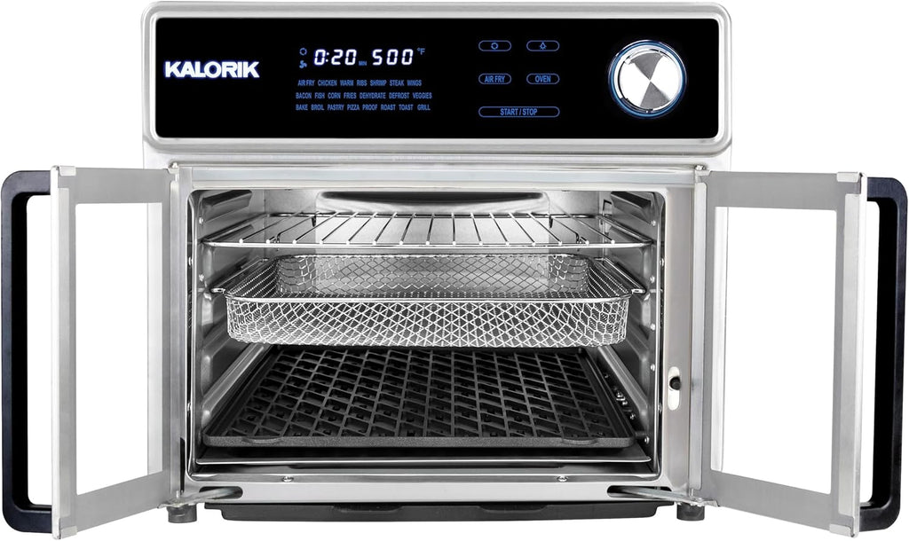 Kalorik Air Fryer Oven Grill MAXX Series 26-Quart with Smokeless Sear Technology Digital Controls Easy-View Door and 22 Smart Cooking Presets, Includes Cooking Accessories, 1700-Watts, Stainless Steel