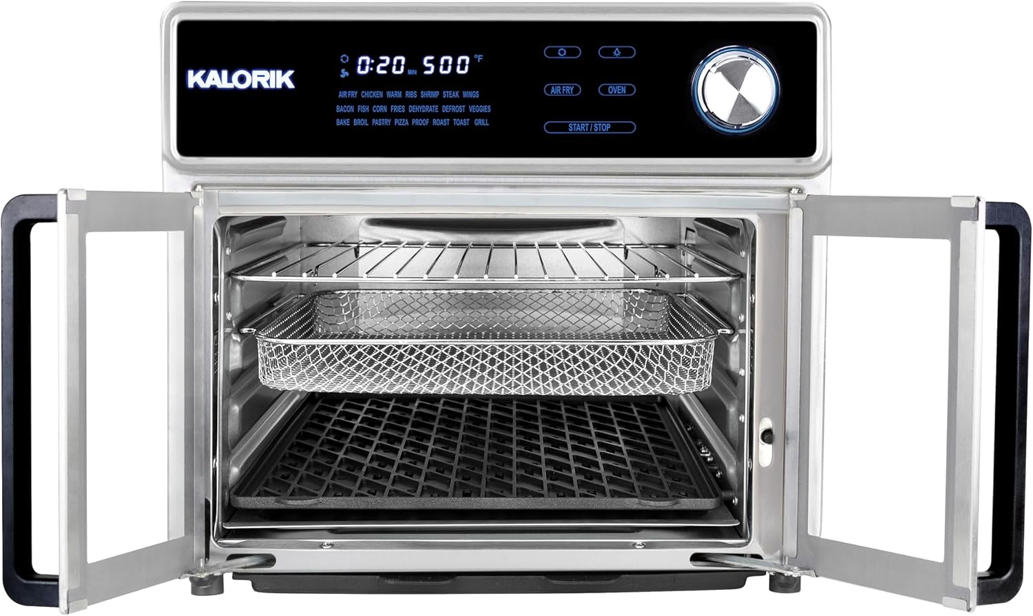 Kalorik Air Fryer Oven Grill MAXX Series 26-Quart with Smokeless Sear Technology Digital Controls Easy-View Door and 22 Smart Cooking Presets, Includes Cooking Accessories, 1700-Watts, Stainless Steel