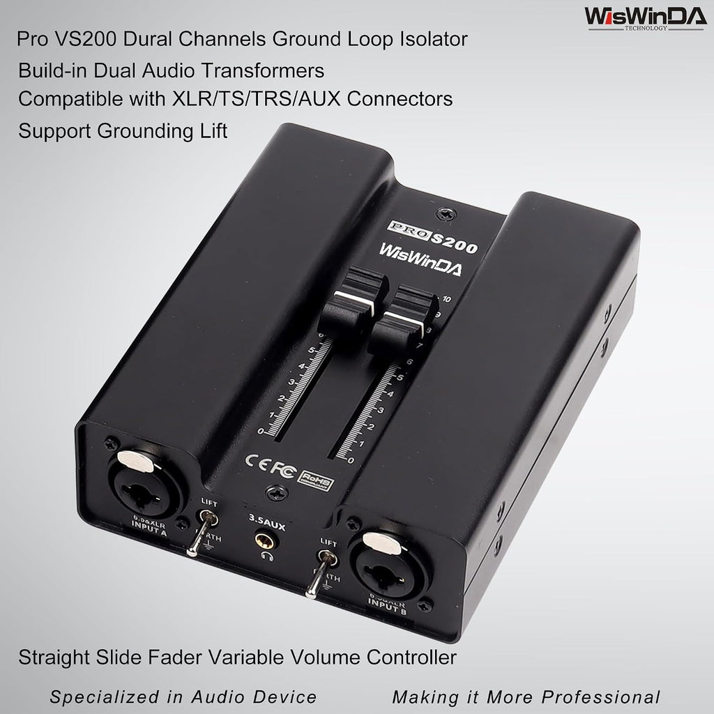 VS200 2Channels Pro XLR/AUX/TS/TRS Passive Hum Eliminator Box with Fader Variable Volume Controller for Audio Equipments Ground Loop Isolator Noise Filter for Different Audio Situation Using