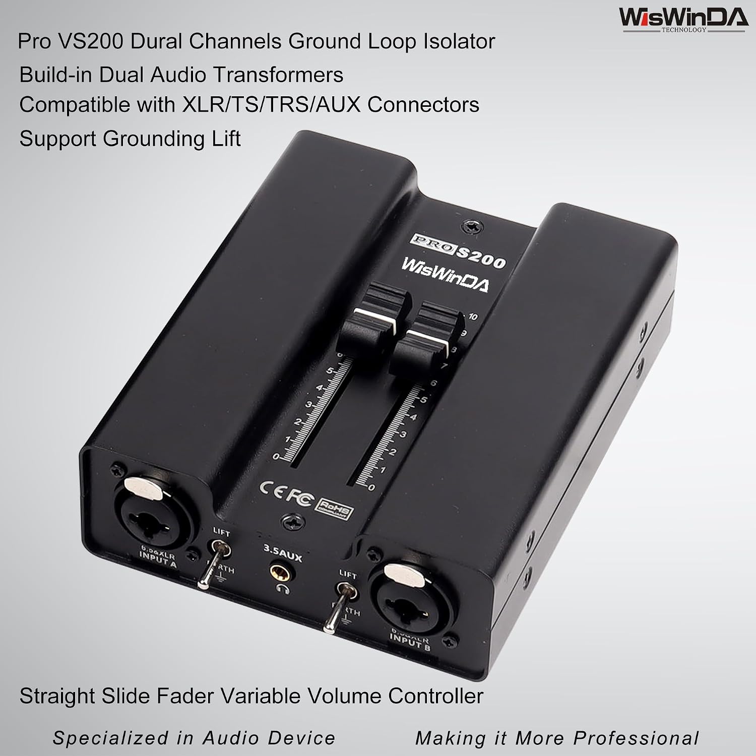 VS200 2Channels Pro XLR/AUX/TS/TRS Passive Hum Eliminator Box with Fader Variable Volume Controller for Audio Equipments Ground Loop Isolator Noise Filter for Different Audio Situation Using
