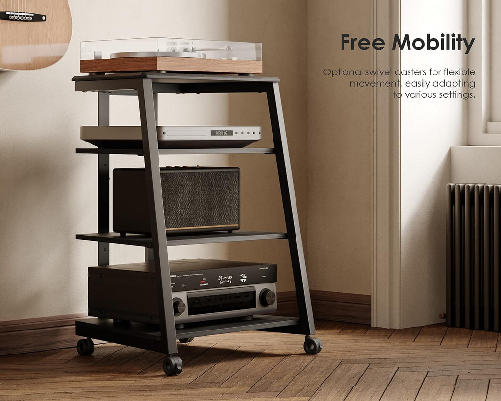 FITUEYES Design 4-Tier AV Media Stand Corner Shelf Stand Wooden Corner Shelves Component Cabinet Stereo Rack Audio Tower with Height Adjustable Wooden Shelves for/Xbox One/ps4 (Black)