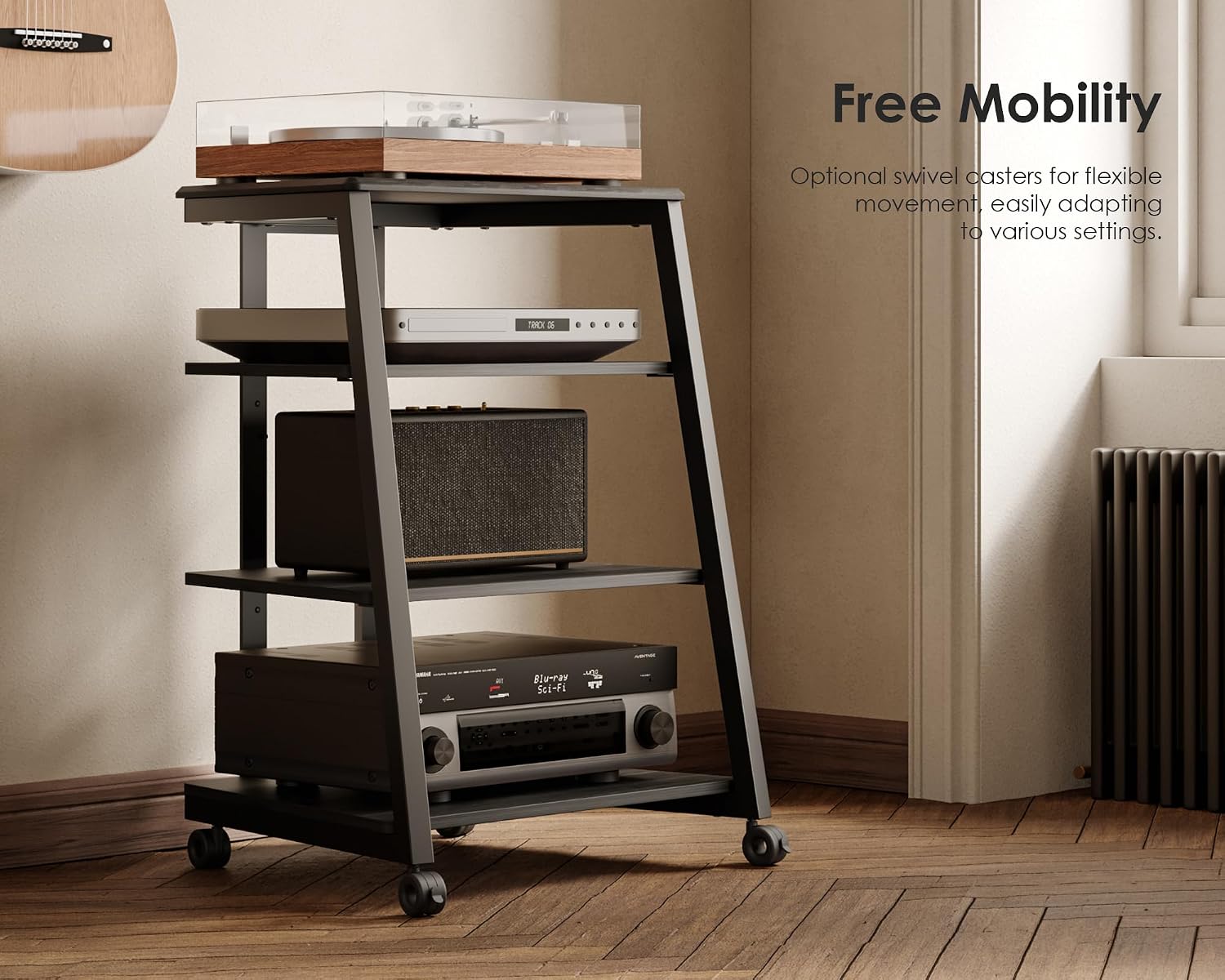 FITUEYES Design 4-Tier AV Media Stand Corner Shelf Stand Wooden Corner Shelves Component Cabinet Stereo Rack Audio Tower with Height Adjustable Wooden Shelves for/Xbox One/ps4 (Black)