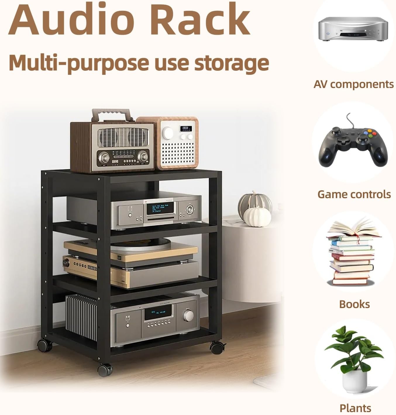 4 Tier AV Media Stand, Audio Rack Tower Stereo Components Cabinet, Home Theatre CD Record Player Stereo Receiver Equipment Rack with Adjustable Wood Shelves, Load 220lbs (Black)