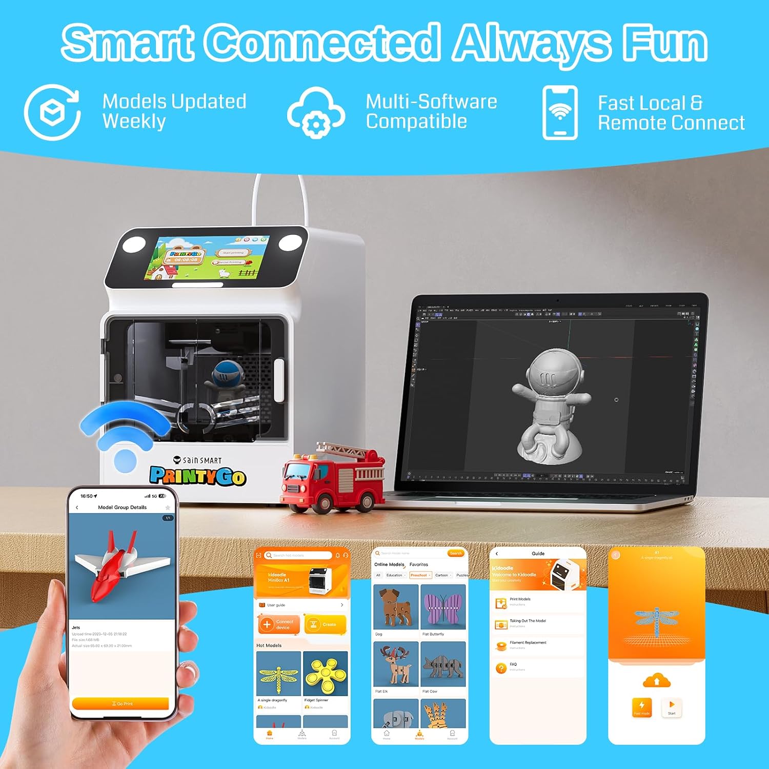 SainSmart PrintyGo Mini 3D Printer for Kids, 600mm/s Auto Leveling Printer for Beginners with 5' Touch Screen, 1500+ Models, Child-Safe Design, Wi-Fi/App Control, Pre-Assembled for STEM Learning Gift