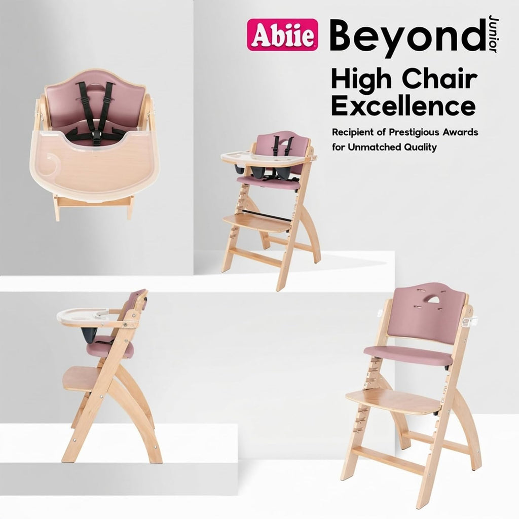 Abiie Beyond Junior Wooden High Chair for Babies and Toddlers - Convertible 3-in-1 Baby Highchair with Removable Tray - 6 Months to 250 Lb - Water Resistant - Natural Wood with Dusty Pink Cushion