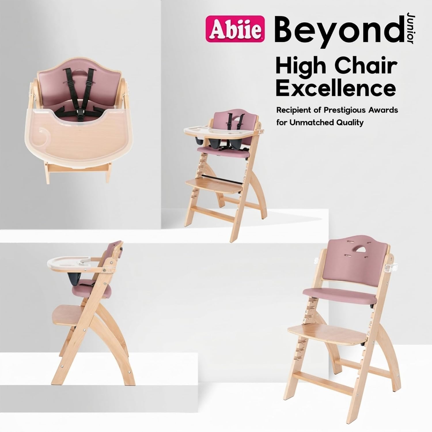 Abiie Beyond Junior Wooden High Chair for Babies and Toddlers - Convertible 3-in-1 Baby Highchair with Removable Tray - 6 Months to 250 Lb - Water Resistant - Natural Wood with Dusty Pink Cushion
