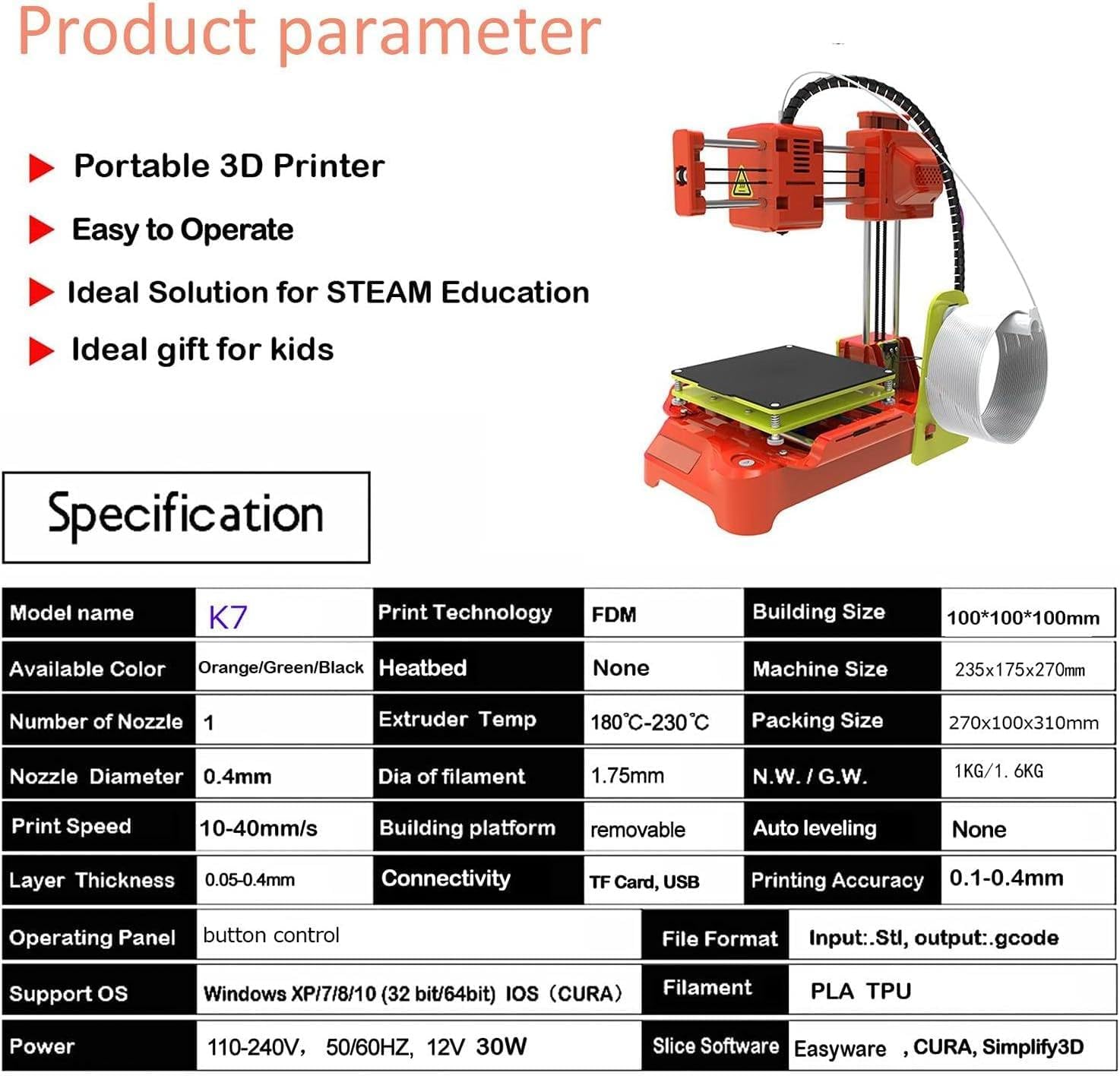 K7 3D Printer, Mini 3D Printer for Kids, 100 * 100 * 100 Mm Print Size, with Pla Filament Magnetic Removable Plate USB Cable Tf Card, Leveling-Free Printer