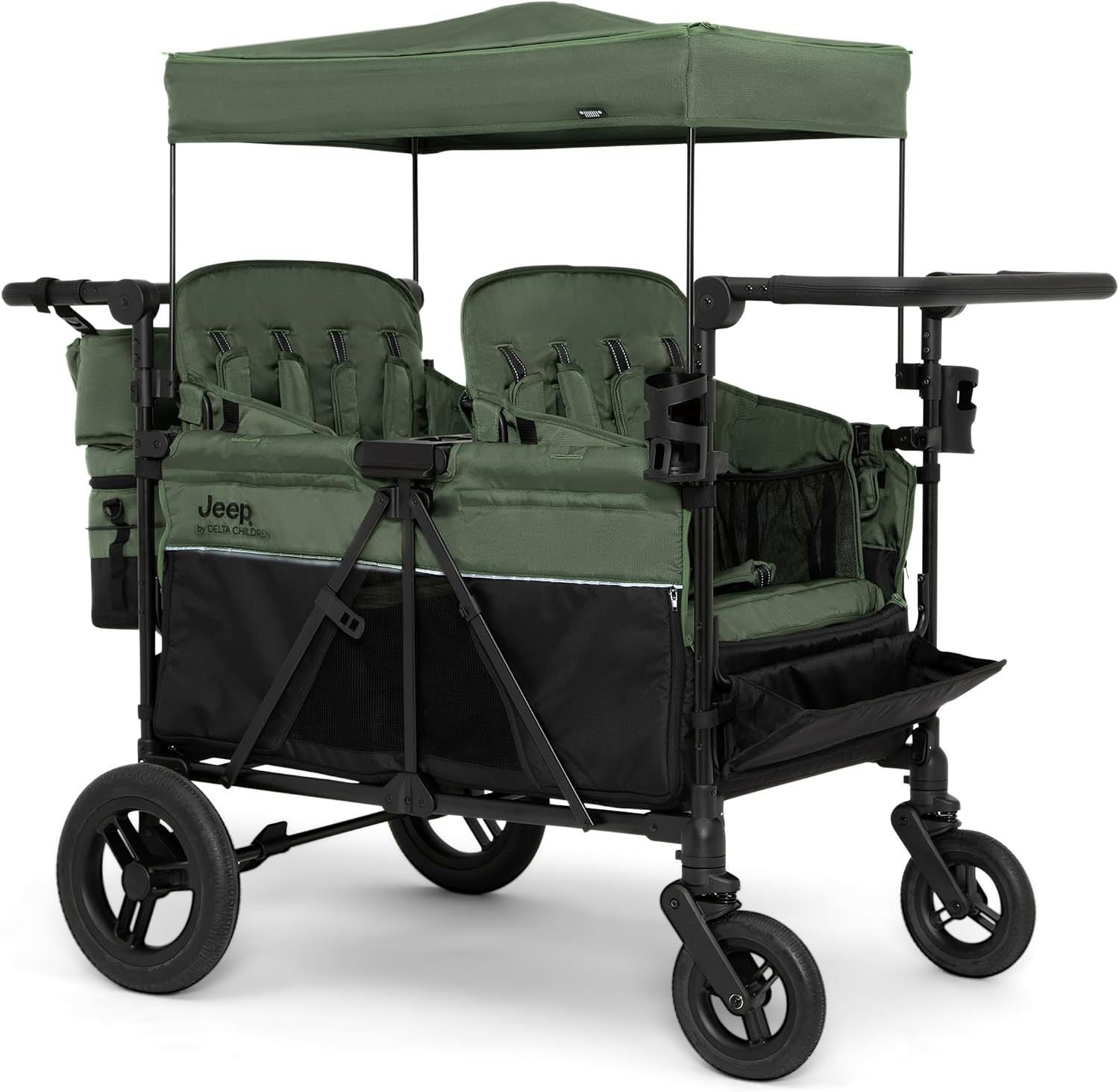 Delta Children - Jeep Wrangler Deluxe 4 Seater Stroller Wagon - Premium Quad Stroller Wagon for 4 Kids with Convertible Seats, Adjustable Push/Pull Handles, Removable Canopy & Flat Fold, Black/Green
