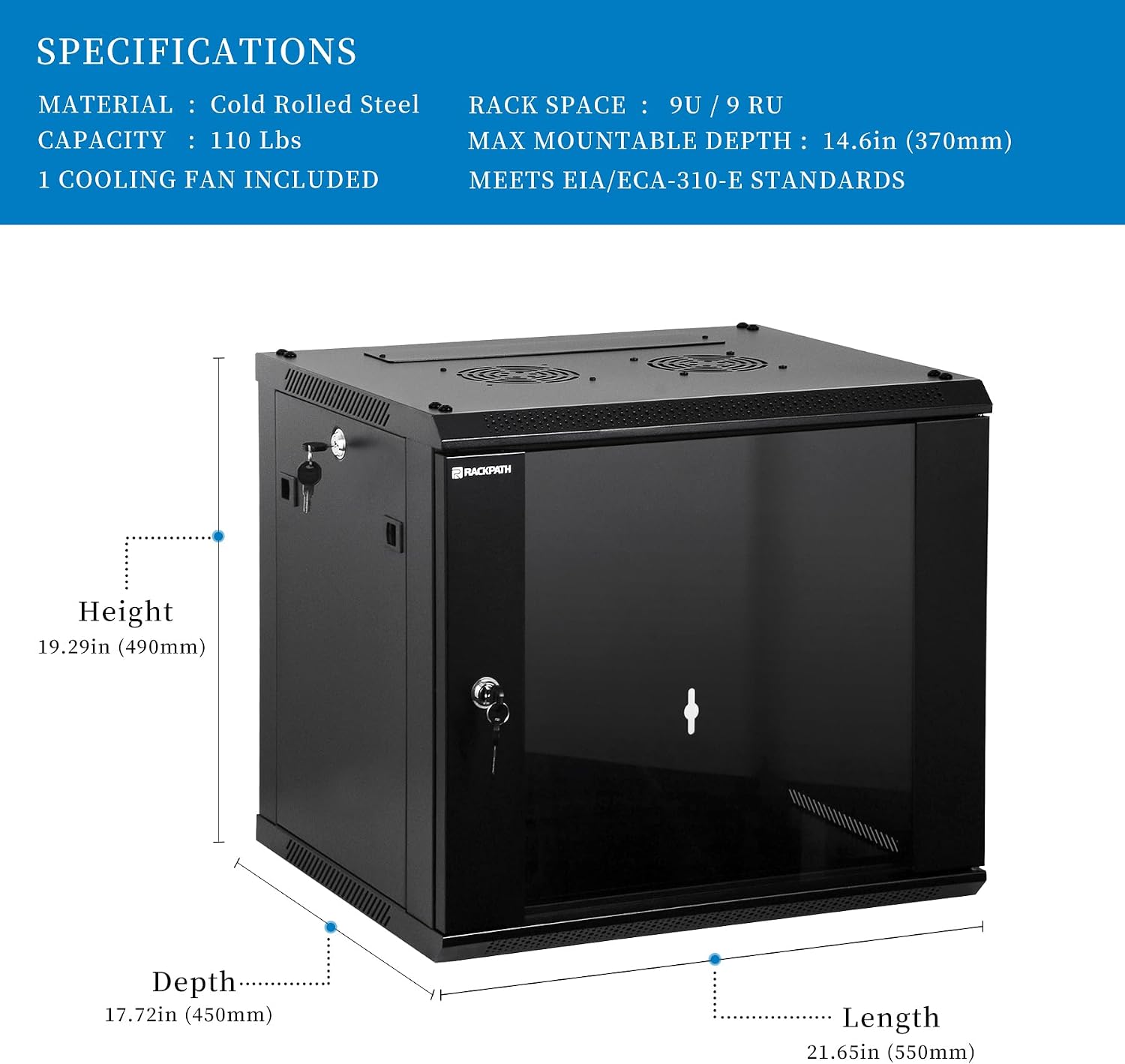 RackPath 9U Wall Mount Network Rack Cabinet – Quiet Cooling Fan, Locking Glass Door, 17.7' Deep (450mm), Removable Locking Side Panels, Fits 19' IT & A/V Equipment