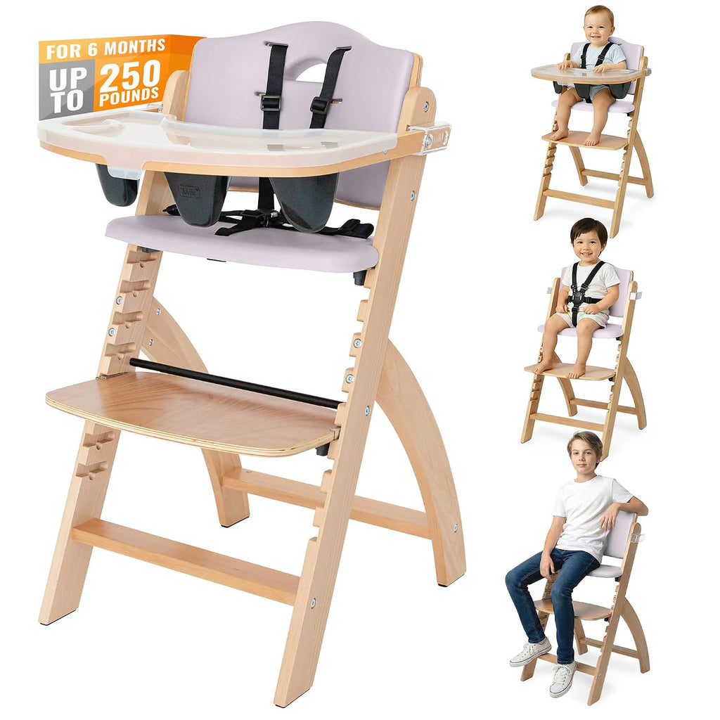 Abiie Beyond Junior Wooden High Chair for Babies and Toddlers - Convertible 3-in-1 Baby Highchair with Removable Tray - 6 Months to 250 Lb - Water Resistant - Natural Wood with Lilac Cushion