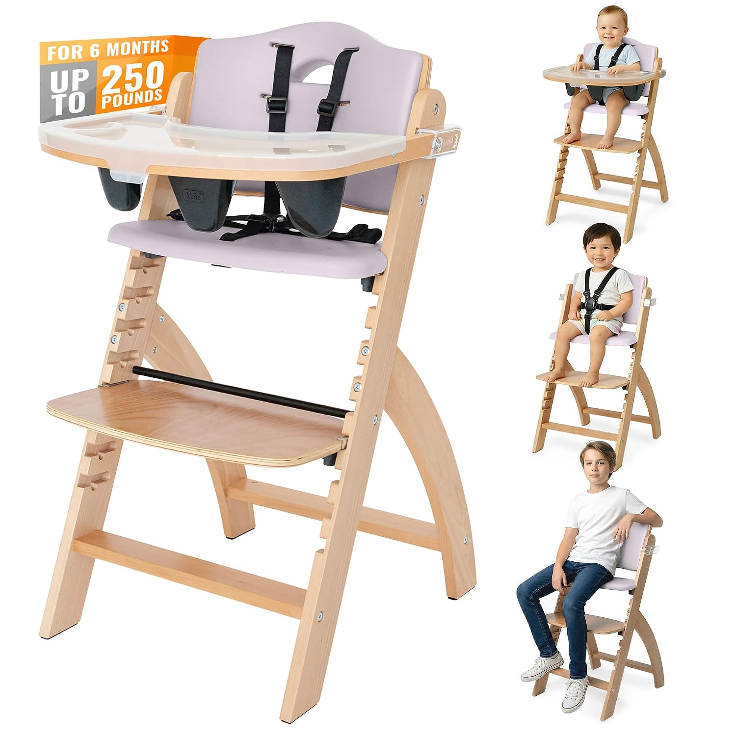Abiie Beyond Junior Wooden High Chair for Babies and Toddlers - Convertible 3-in-1 Baby Highchair with Removable Tray - 6 Months to 250 Lb - Water Resistant - Natural Wood with Lilac Cushion