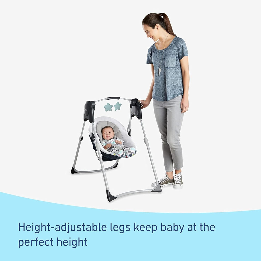 Graco Slim Spaces Compact Baby Swing, Space Saving Portable Bay Swing with Height Adjustable Legs & Soft Toys, Reign