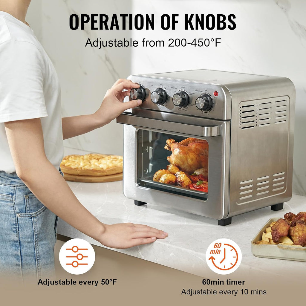 Happybuy 7-in-1 Air Fryer Toaster Oven, 18L Convection Oven, 1700W Stainless Steel, Countertop Combo with Grill, Pizza Pan, Gloves, 6 Slices Toast, 12-inch Pizza, Home & Commercial Use