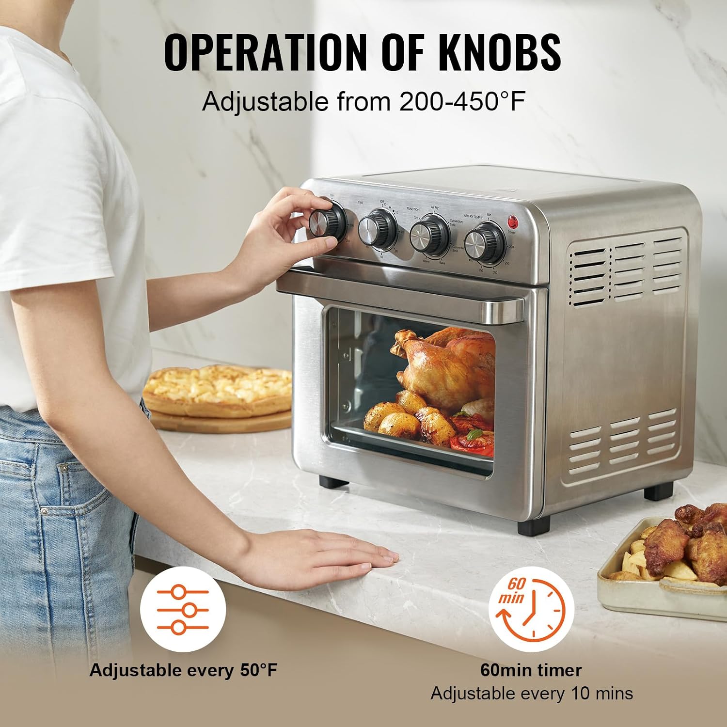Happybuy 7-in-1 Air Fryer Toaster Oven, 18L Convection Oven, 1700W Stainless Steel, Countertop Combo with Grill, Pizza Pan, Gloves, 6 Slices Toast, 12-inch Pizza, Home & Commercial Use